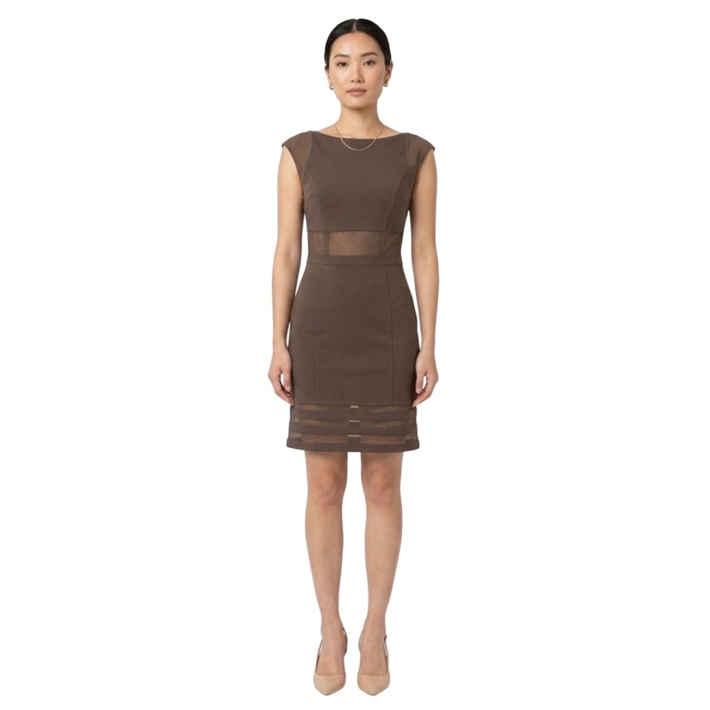 BCBG Brown Women's Bodycon Sheath Dress Size 8 Sheer Mesh Pockets Structured Mod